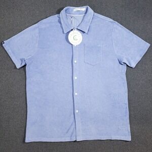 Criquet Terry Cloth Button Down Shirt Mens XL Blue Short Sleeve Pocket Austin TX